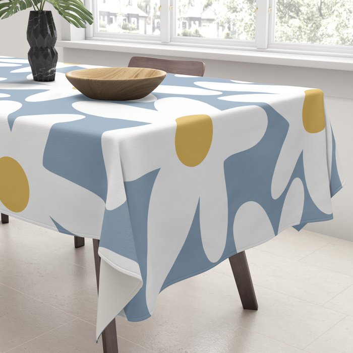 Daisy Time Retro Floral Pattern in Light Blue, White, and Mustard Tablecloth Gallery Image 3