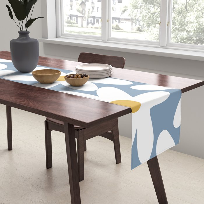 Daisy Time Retro Floral Pattern in Light Blue, White, and Mustard Table Runner Gallery Image 2