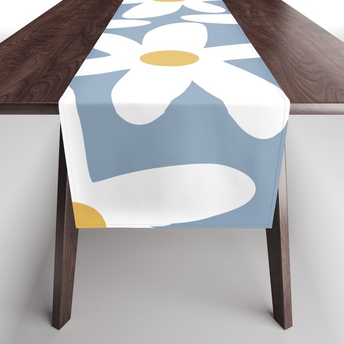 Daisy Time Retro Floral Pattern in Light Blue, White, and Mustard Table Runner Gallery Image 1