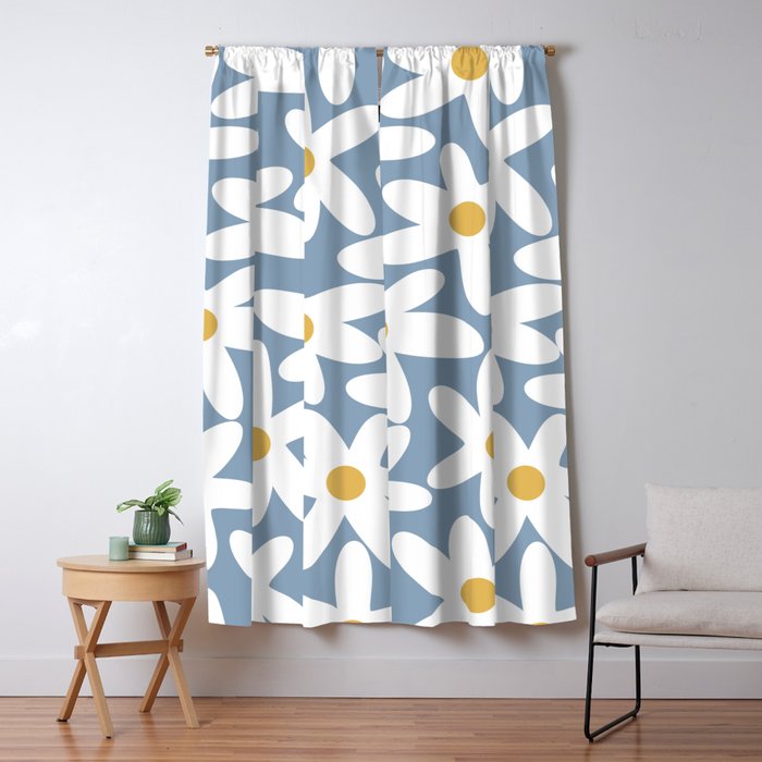 Daisy Time Retro Floral Pattern in Light Blue, White, and Mustard Window Curtain Gallery Image 5