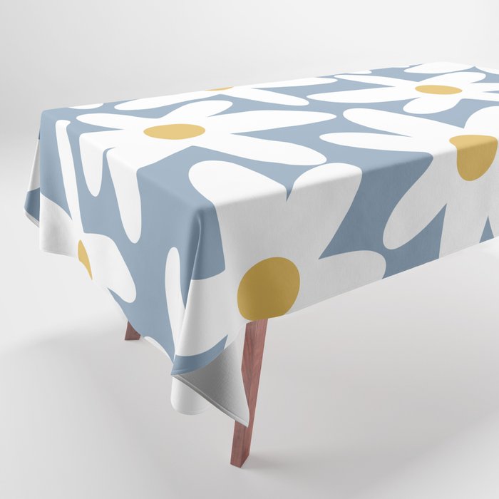 Daisy Time Retro Floral Pattern in Light Blue, White, and Mustard Tablecloth Gallery Image 1