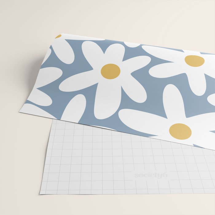 Daisy Time Retro Floral Pattern in Light Blue, White, and Mustard Wrapping Paper Gallery Image 2