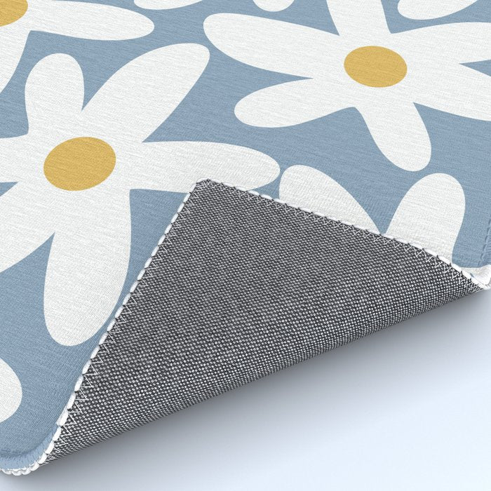 Daisy Time Retro Floral Pattern in Light Blue, White, and Mustard Rug Gallery Image 4