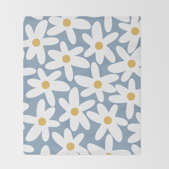 Daisy Time Retro Floral Pattern in Light Blue, White, and Mustard Throw Blanket Gallery Image 2