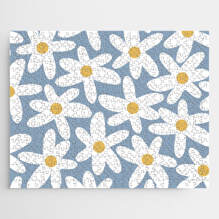 Daisy Time Retro Floral Pattern in Light Blue, White, and Mustard Jigsaw Puzzle Gallery Image 1