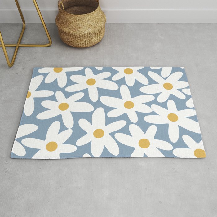 Daisy Time Retro Floral Pattern in Light Blue, White, and Mustard Rug Gallery Image 1