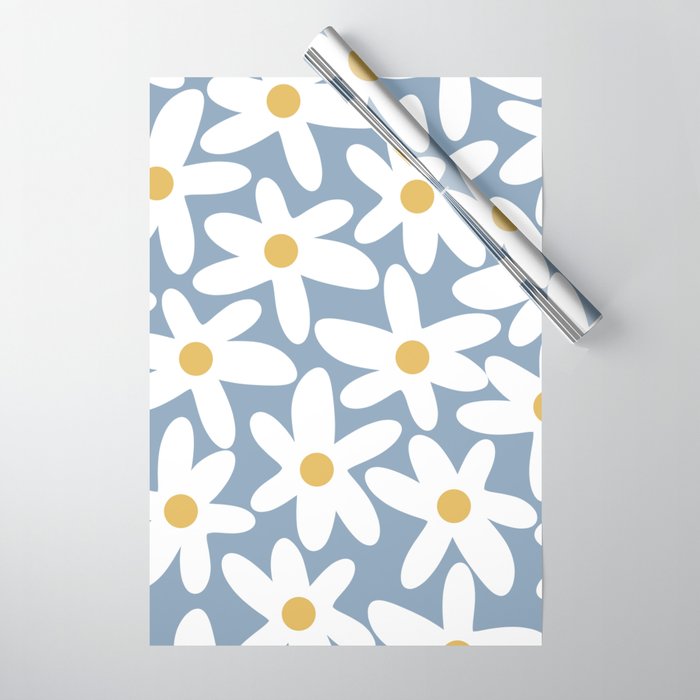 Daisy Time Retro Floral Pattern in Light Blue, White, and Mustard Wrapping Paper Gallery Image 1