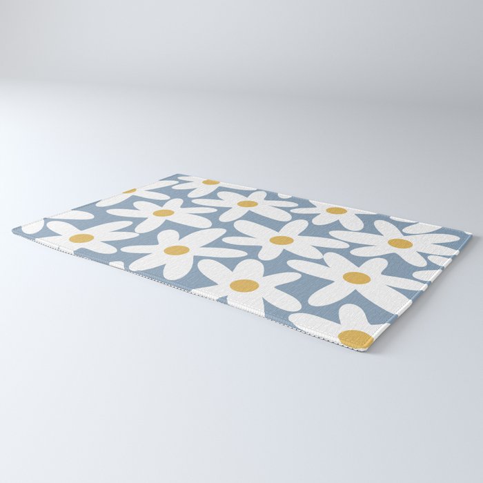 Daisy Time Retro Floral Pattern in Light Blue, White, and Mustard Rug Gallery Image 3