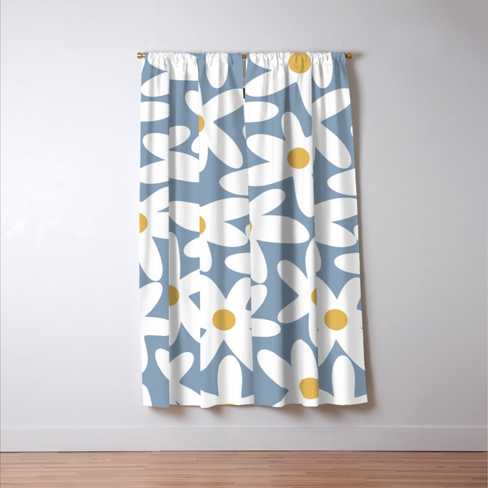Daisy Time Retro Floral Pattern in Light Blue, White, and Mustard Window Curtain Gallery Image 3