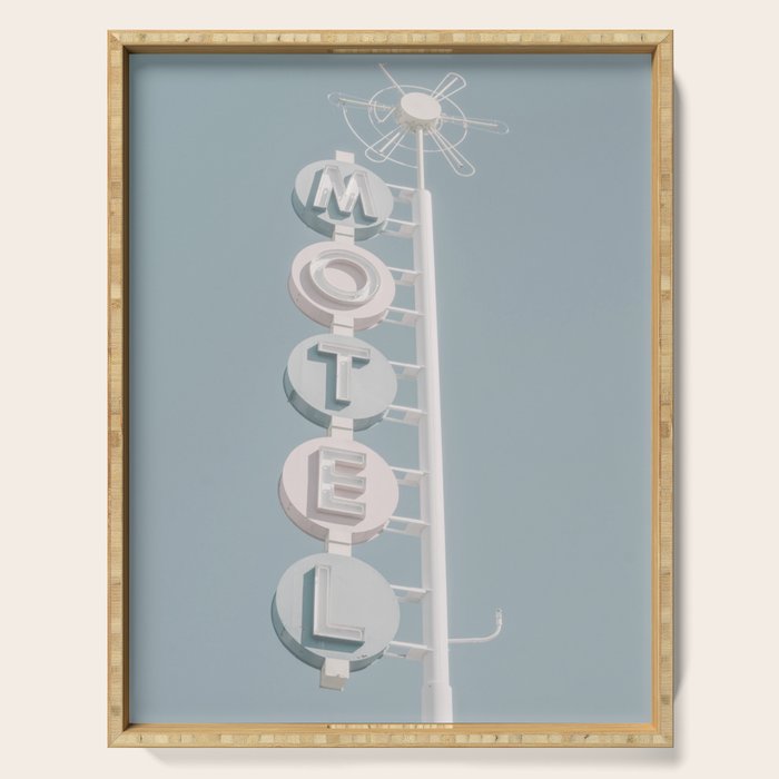 Motel Sign Photo Art Print | Light Blue Pastel Sky Summer Photograph Serving Tray Gallery Image 1