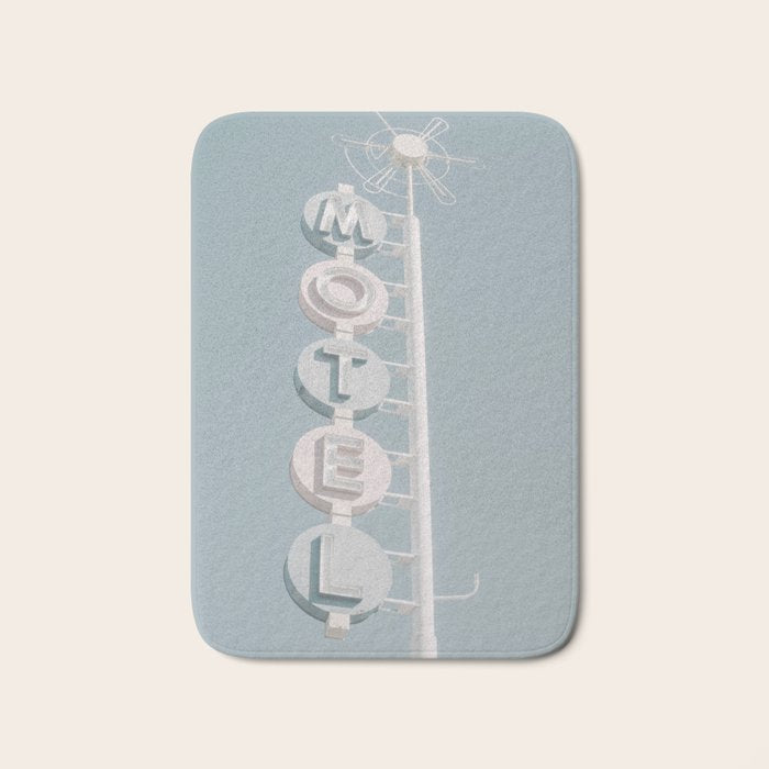 Motel Sign Photo Art Print | Light Blue Pastel Sky Summer Photograph Bath Mat Gallery Image 1