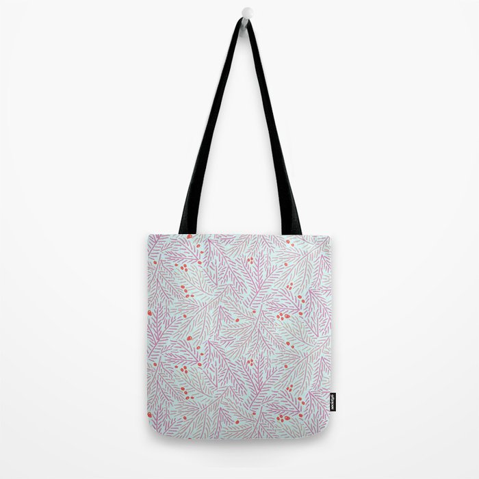 Winter Berries & Pine Branches in Teal & Pink Tote Bag Gallery Image 2