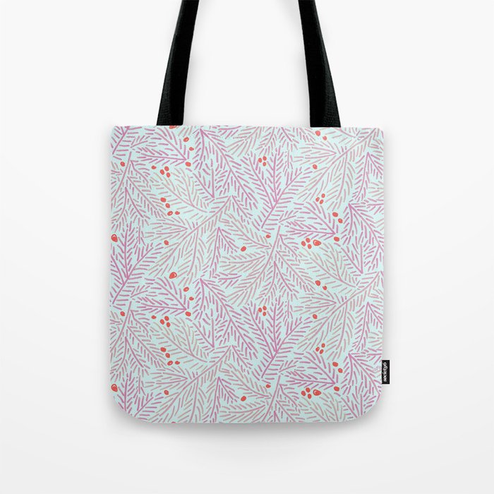 Winter Berries & Pine Branches in Teal & Pink Tote Bag Gallery Image 1