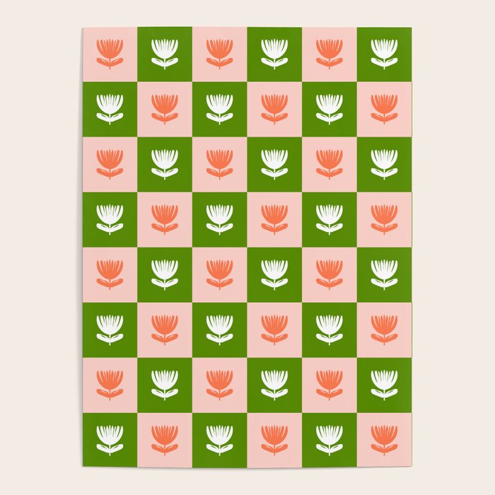 Retro Checkered Tulips Pattern - Pink and Green Poster Gallery Image 4