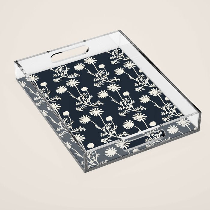 Wild Daisies Vintage Contemporary Floral Botanical Pattern in Dark Navy Blue Acrylic Tray Gallery Image 1