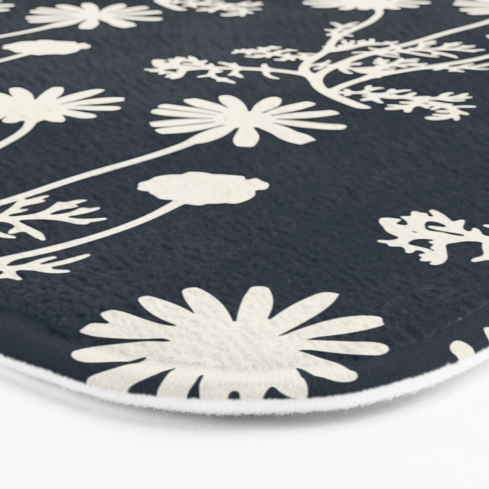 Wild Daisies Vintage Contemporary Floral Botanical Pattern in Dark Navy Blue Bath Mat Gallery Image 3
