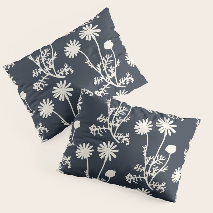 Wild Daisies Vintage Contemporary Floral Botanical Pattern in Dark Navy Blue Pillow Sham Gallery Image 3