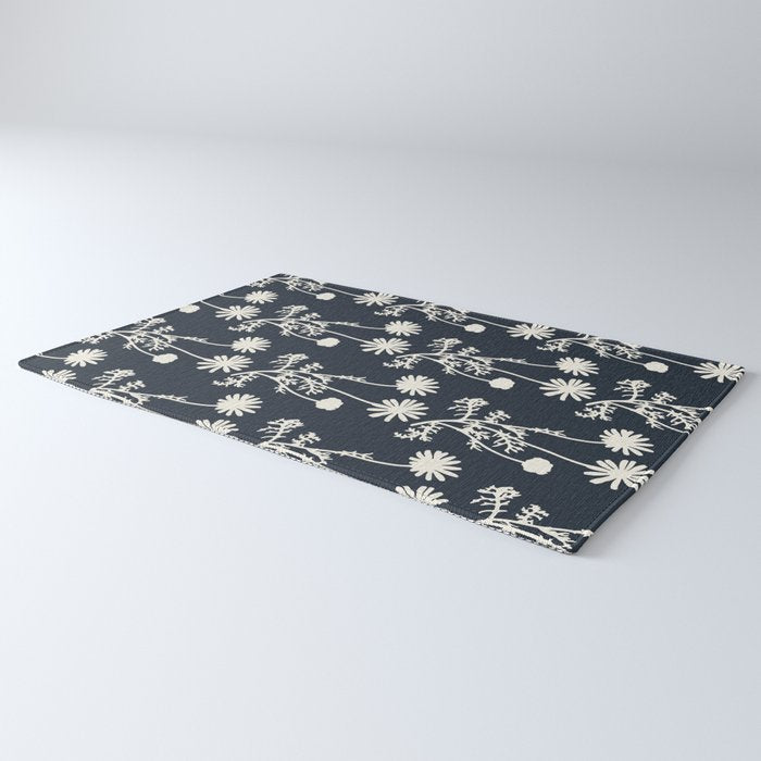 Wild Daisies Vintage Contemporary Floral Botanical Pattern in Dark Navy Blue Rug Gallery Image 3