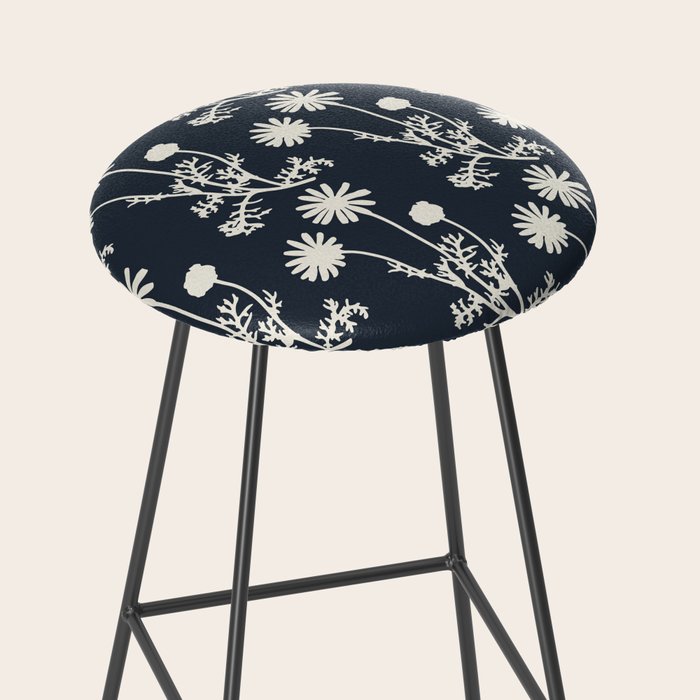 Wild Daisies Vintage Contemporary Floral Botanical Pattern in Dark Navy Blue Stool Gallery Image 2