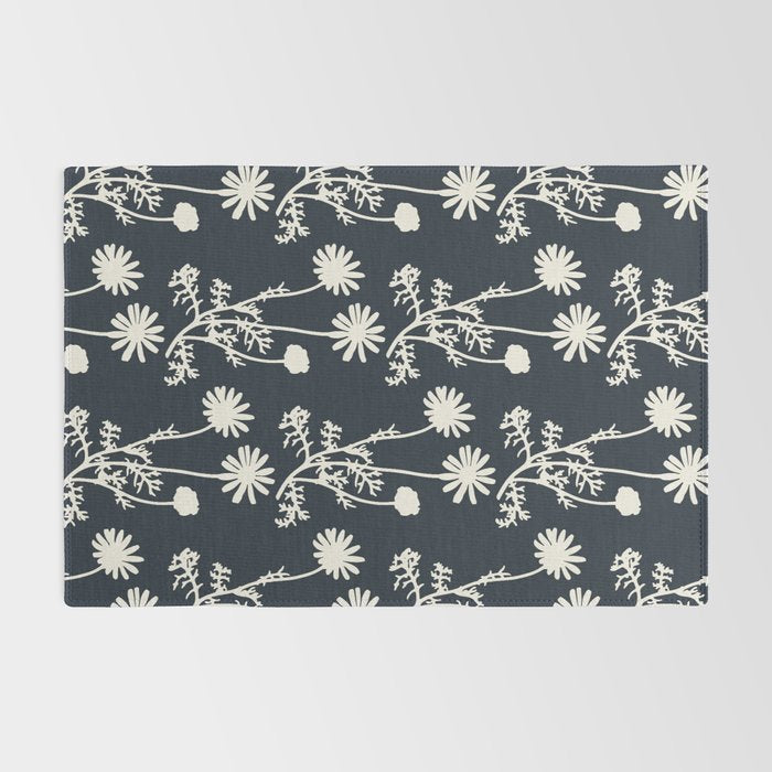 Wild Daisies Vintage Contemporary Floral Botanical Pattern in Dark Navy Blue Rug Gallery Image 2