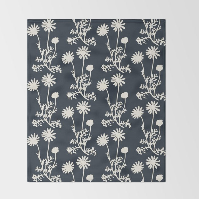 Wild Daisies Vintage Contemporary Floral Botanical Pattern in Dark Navy Blue Throw Blanket Gallery Image 2