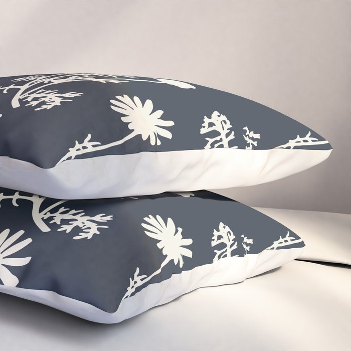 Wild Daisies Vintage Contemporary Floral Botanical Pattern in Dark Navy Blue Pillow Sham Gallery Image 3