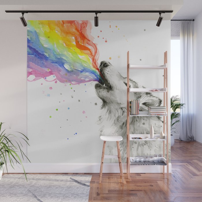 Wolf Howling Rainbow Watercolor Wall Mural Gallery Image 1