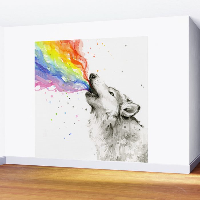 Wolf Howling Rainbow Watercolor Wall Mural Gallery Image 2