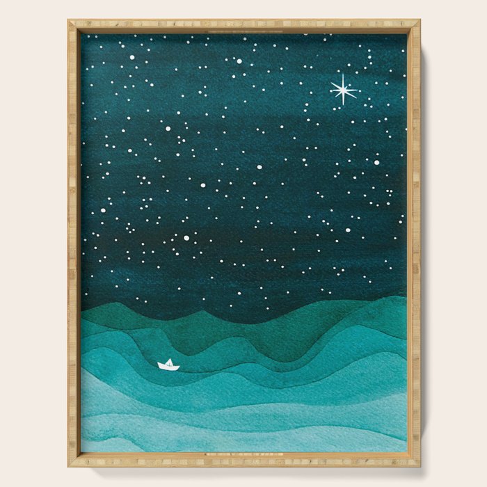 Starry Ocean, teal sailboat watercolor sea waves night Serving Tray Gallery Image 1