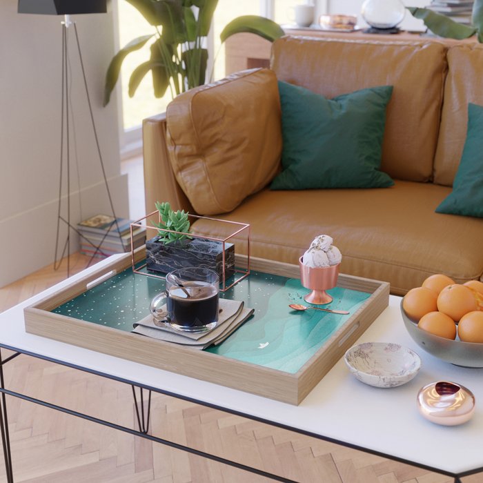 Starry Ocean, teal sailboat watercolor sea waves night Serving Tray Gallery Image 2