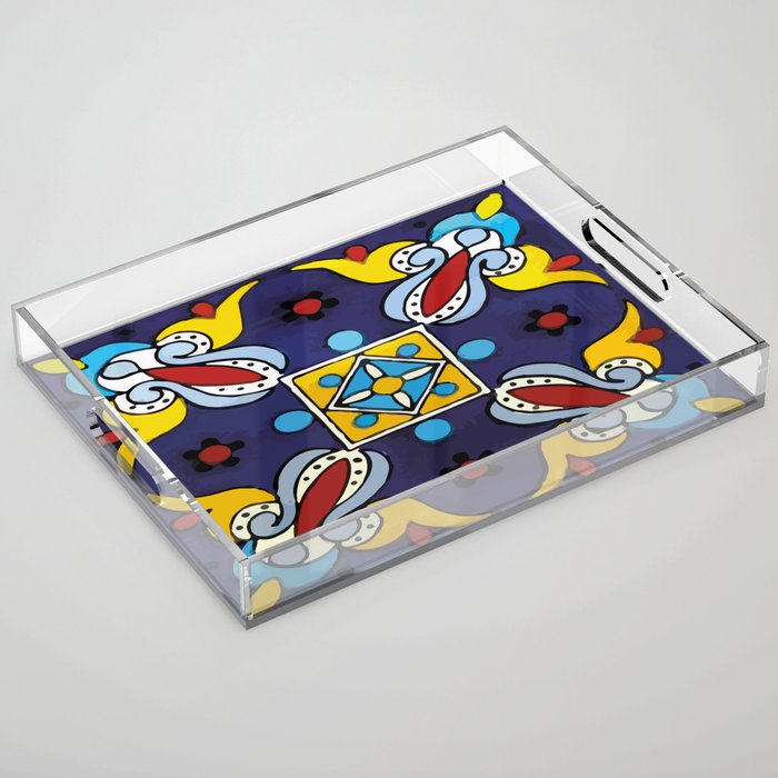 Abstract blue cruz mexican modern talavera tile wall Acrylic Tray Gallery Image 1