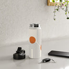 Mid Century Modern Geometric 88 in Navy Blue and Orange (Rainbow and Sun Abstraction) Water Bottle Gallery Image 4