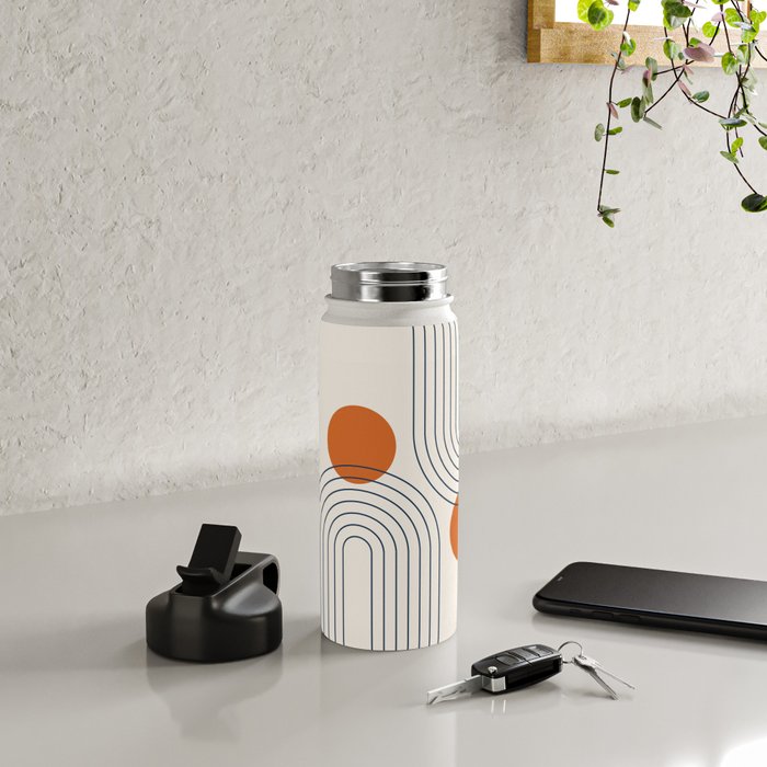 Mid Century Modern Geometric 88 in Navy Blue and Orange (Rainbow and Sun Abstraction) Water Bottle Gallery Image 4