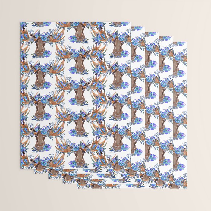 Floral Moose - Blue Flowers Wrapping Paper Gallery Image 3
