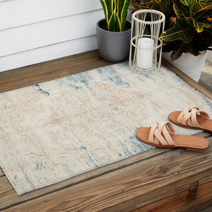 very worn blue and beige carpet Outdoor Rug Gallery Image 2