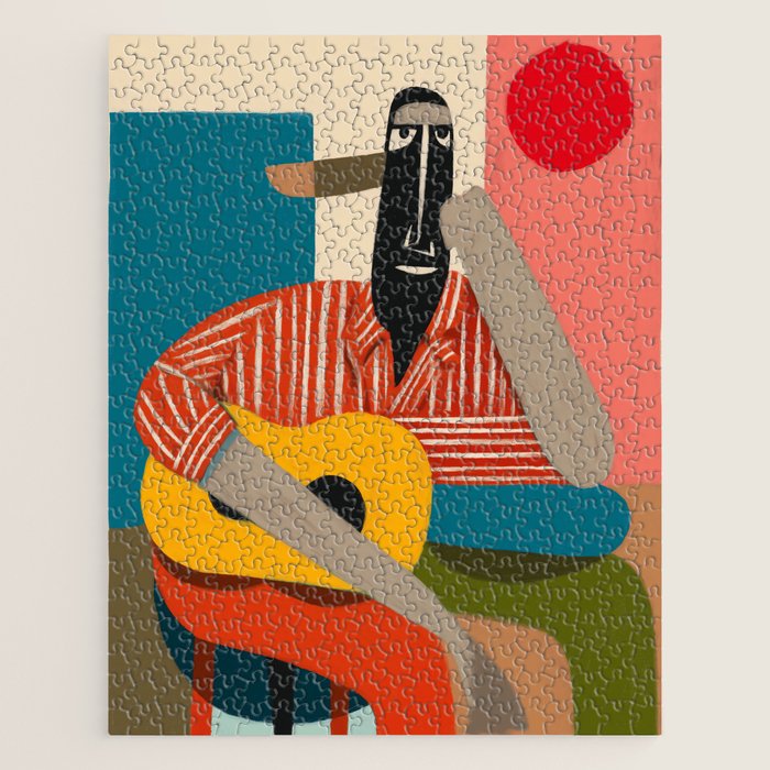 Melancholy Guitarist in Stripes Jigsaw Puzzle Gallery Image 1