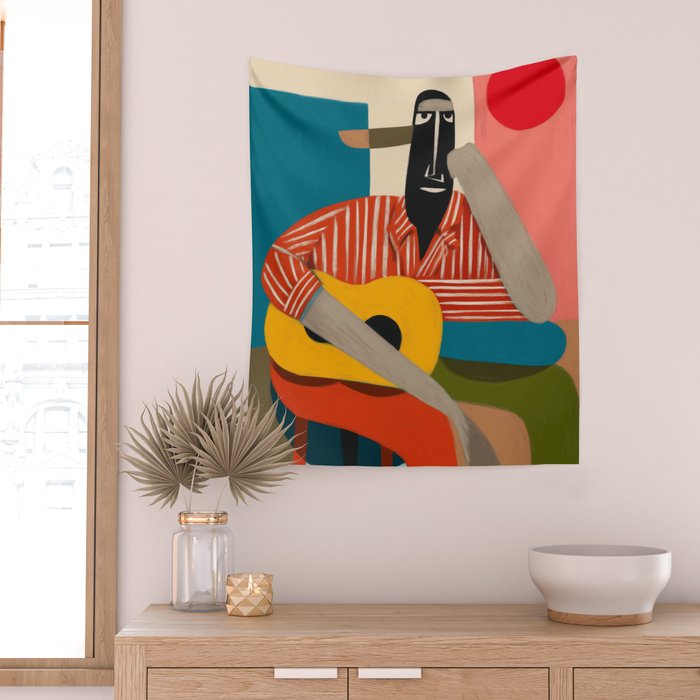 Melancholy Guitarist in Stripes Wall Tapestry Gallery Image 2