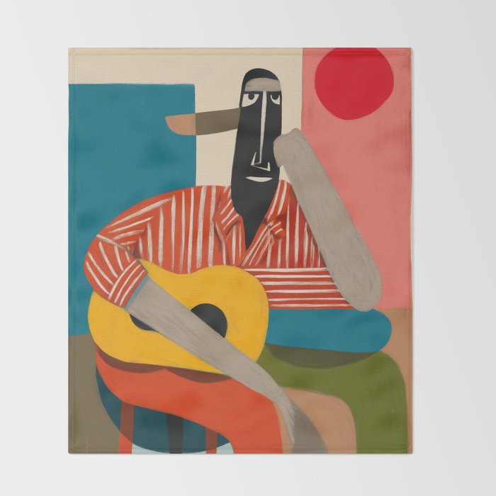 Melancholy Guitarist in Stripes Throw Blanket Gallery Image 2
