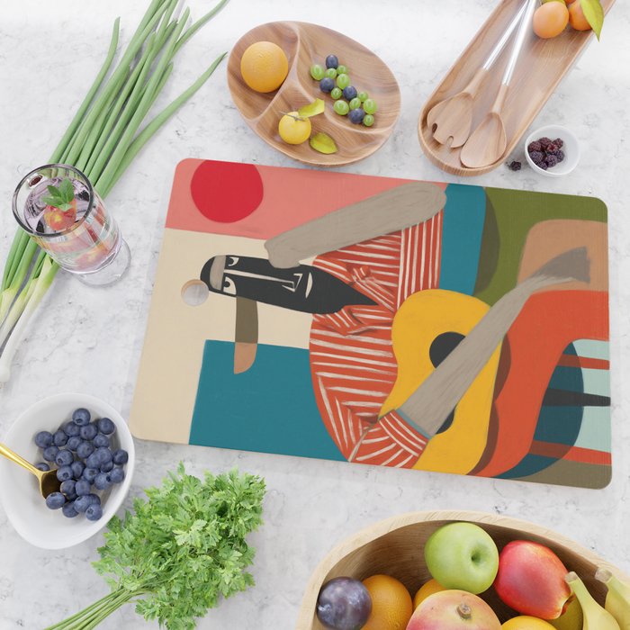 Melancholy Guitarist in Stripes Cutting Board Gallery Image 2