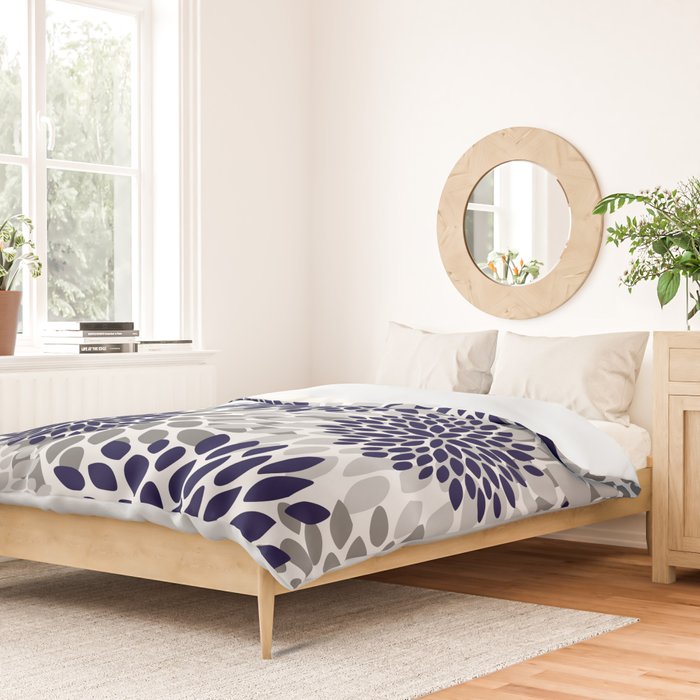 Abstract, Floral Prints, Navy Blue and Grey Duvet Cover Gallery Image 2