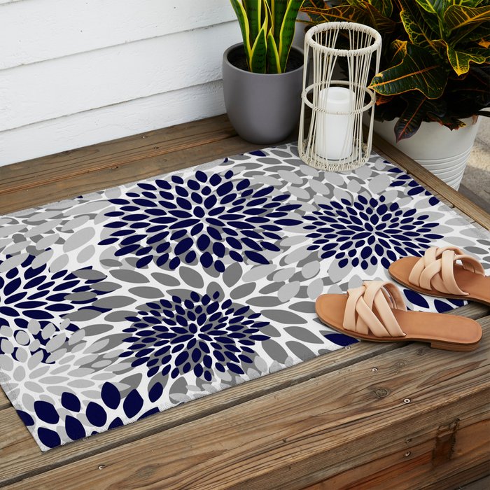 Abstract, Floral Prints, Navy Blue and Grey Outdoor Rug Gallery Image 2