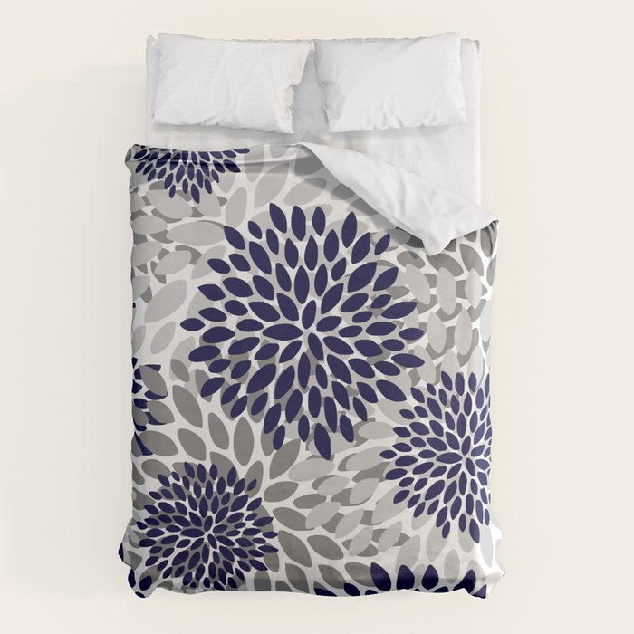 Abstract, Floral Prints, Navy Blue and Grey Duvet Cover Gallery Image 1