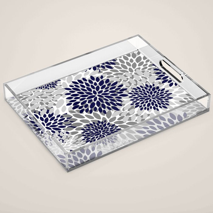 Abstract, Floral Prints, Navy Blue and Grey Acrylic Tray Gallery Image 1