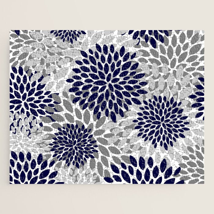 Abstract, Floral Prints, Navy Blue and Grey Jigsaw Puzzle Gallery Image 1