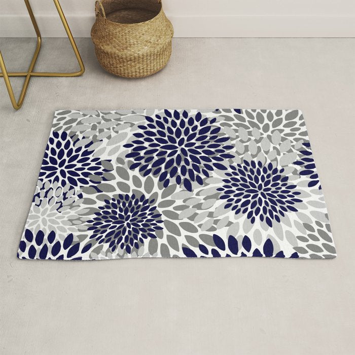 Abstract, Floral Prints, Navy Blue and Grey Rug Gallery Image 1
