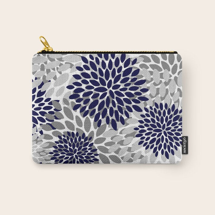 Abstract, Floral Prints, Navy Blue and Grey Carry All Pouch Gallery Image 1