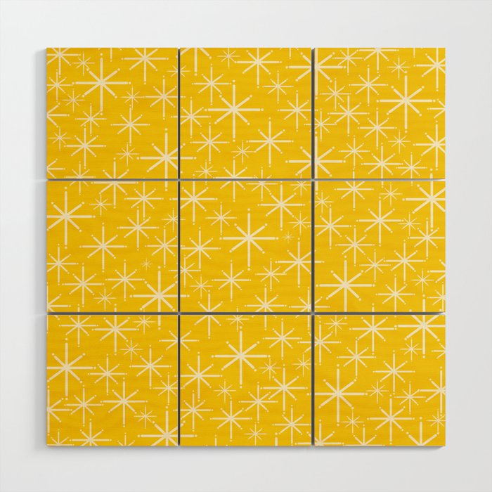 Mid Century Modern Twinkling Stars Retro Atomic Pattern in Yellow Wood Wall Art Gallery Image 1