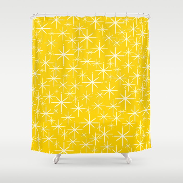 Mid Century Modern Twinkling Stars Retro Atomic Pattern in Yellow Shower Curtain Gallery Image 1