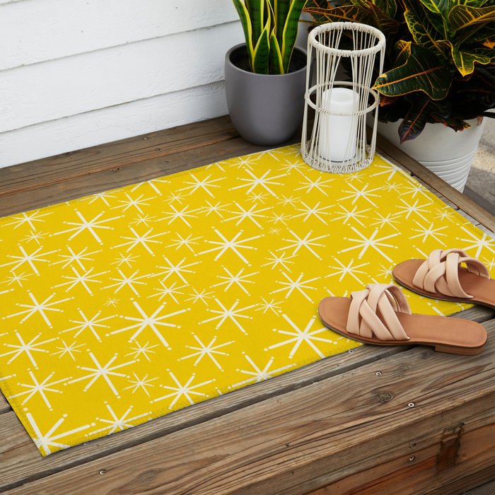 Mid Century Modern Twinkling Stars Retro Atomic Pattern in Yellow Outdoor Rug Gallery Image 2