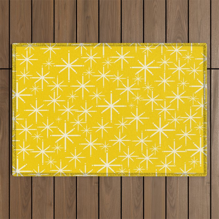 Mid Century Modern Twinkling Stars Retro Atomic Pattern in Yellow Outdoor Rug Gallery Image 1